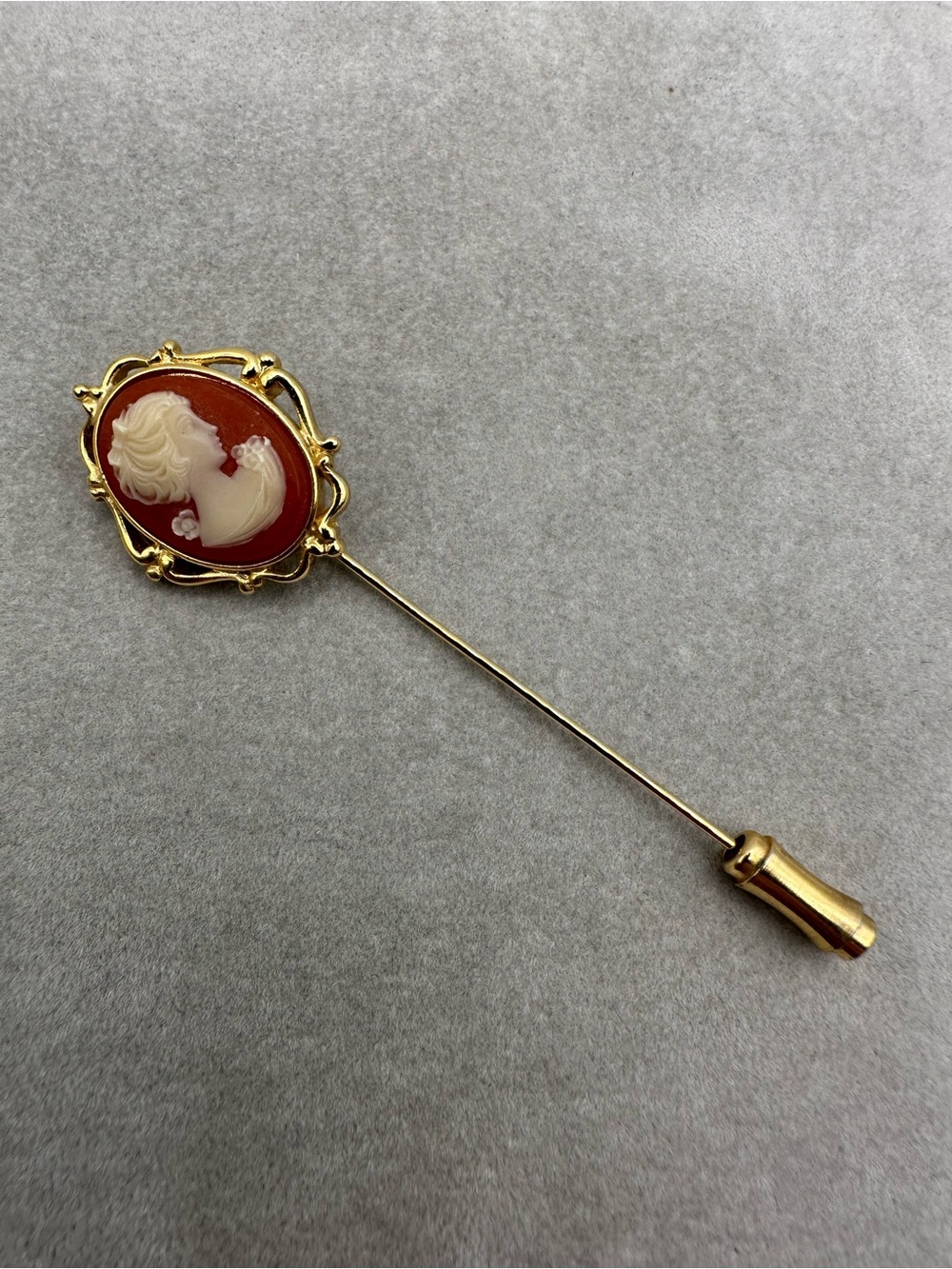 Vintage Cameo Stick Pin Gold Tone Lady Profile Red Oval Victorian Style